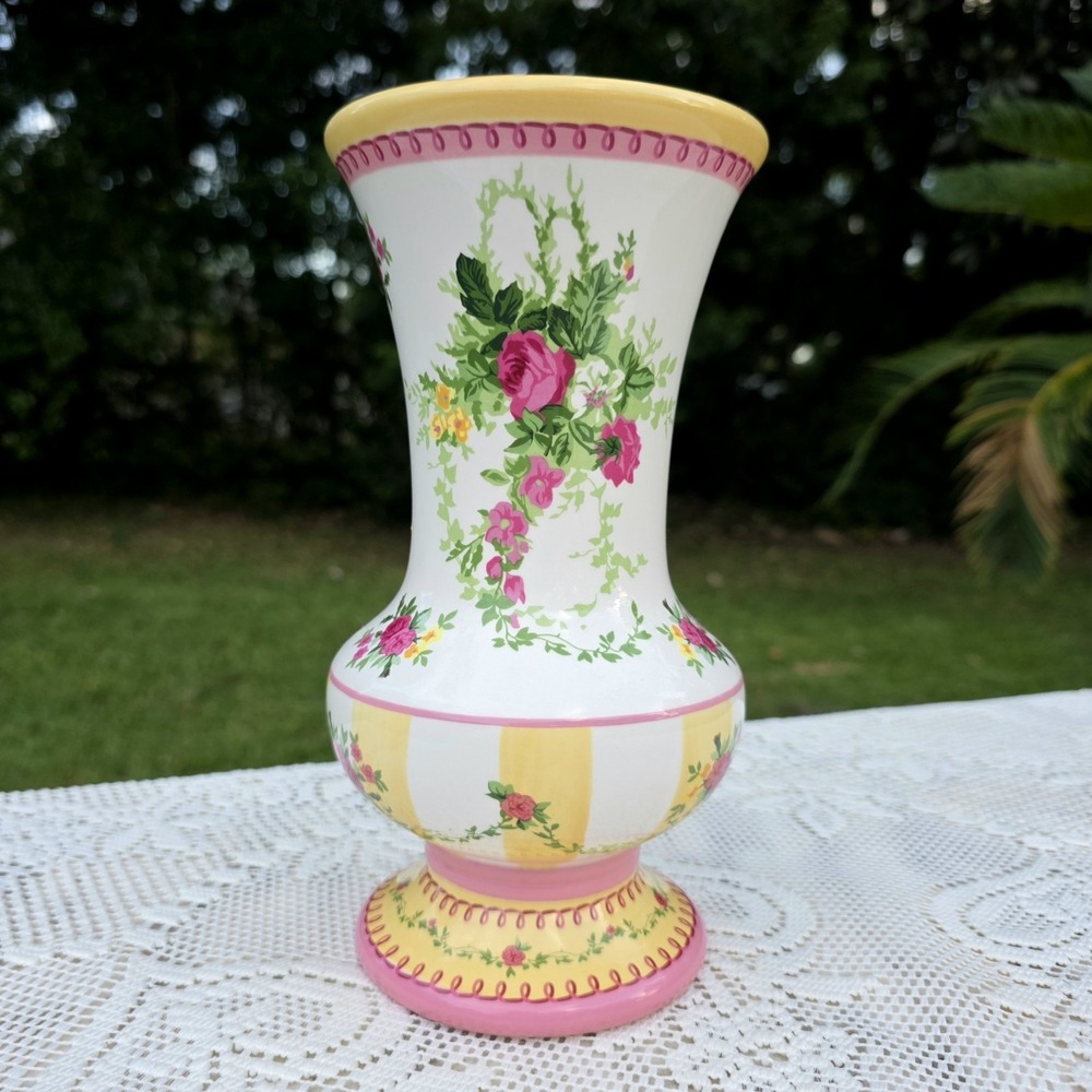 Laura Ashley Vase Cottagecore Pink Striped Shabby Chic Floral 9" Tall